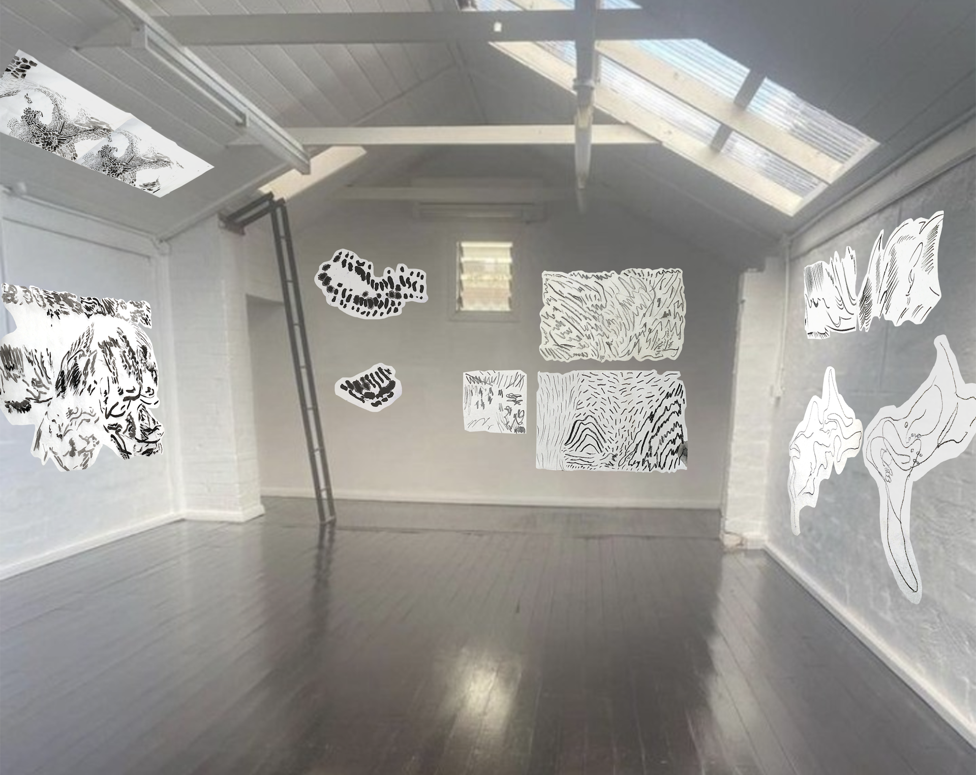 multiple large-scale abstract dynamic and energetic ink drawings cut-to-shape and installed throughout a gallery with brick walls painted white a sky light
